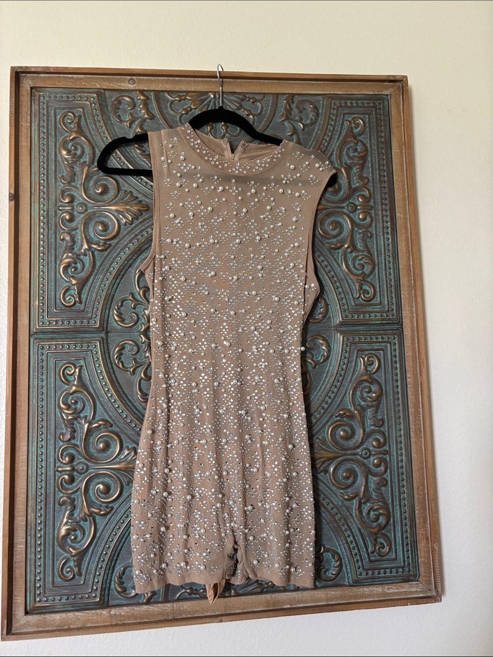 Fashion Nova Taupe Pearl-Embellished Sleeveless Mini Romper